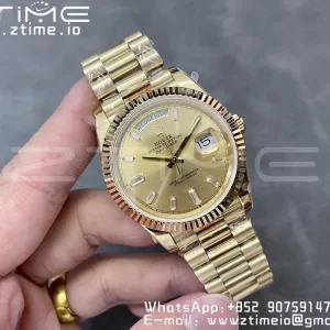 Rolex DayDate 228238 40mm YG GMF 1:1 Best Edition YG Dial Diamonds Markers Fluted Bezel on YG Bracelet A2836 (Tungsten Heavy Version) - Super Clone Watch | 1:1 Best Version