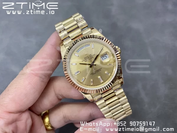 Rolex DayDate 228238 40mm YG GMF 1:1 Best Edition YG Dial Diamonds Markers Fluted Bezel on YG Bracelet A2836 (Tungsten Heavy Version) - Super Clone Watch | 1:1 Best Version