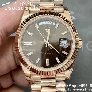 Rolex DayDate 228235 40mm RG GMF 1:1 Best Edition Brown Dial Diamonds Markers Fluted Bezel on RG Bracelet A2836 (Tungsten Heavy Version) - Super Clone Watch | 1:1 Best Version