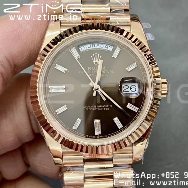 Rolex DayDate 228235 40mm RG GMF 1:1 Best Edition Brown Dial Diamonds Markers Fluted Bezel on RG Bracelet A2836 (Tungsten Heavy Version) - Super Clone Watch | 1:1 Best Version