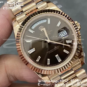 Rolex DayDate 228235 40mm RG GMF 1:1 Best Edition Brown Dial Diamonds Markers Fluted Bezel on RG Bracelet A2836 (Tungsten Heavy Version) - Super Clone Watch | 1:1 Best Version