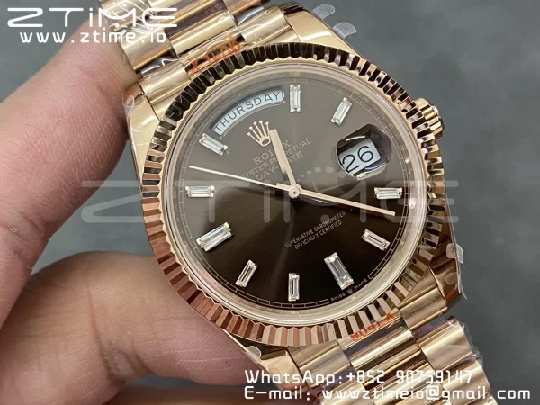 Rolex DayDate 228235 40mm RG GMF 1:1 Best Edition Brown Dial Diamonds Markers Fluted Bezel on RG Bracelet A2836 (Tungsten Heavy Version) - Super Clone Watch | 1:1 Best Version