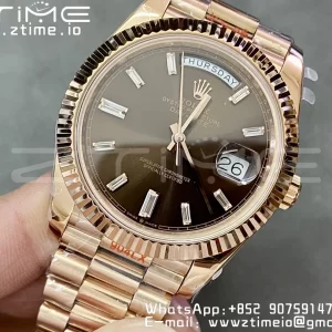Rolex DayDate 228235 40mm RG GMF 1:1 Best Edition Brown Dial Diamonds Markers Fluted Bezel on RG Bracelet A2836 (Tungsten Heavy Version) - Super Clone Watch | 1:1 Best Version