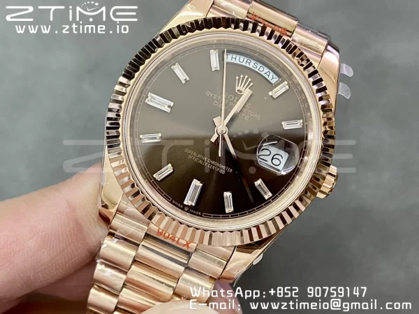 Rolex DayDate 228235 40mm RG GMF 1:1 Best Edition Brown Dial Diamonds Markers Fluted Bezel on RG Bracelet A2836 (Tungsten Heavy Version) - Super Clone Watch | 1:1 Best Version