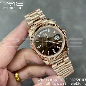 Rolex DayDate 228235 40mm RG GMF 1:1 Best Edition Brown Dial Diamonds Markers Fluted Bezel on RG Bracelet A2836 (Tungsten Heavy Version) - Super Clone Watch | 1:1 Best Version