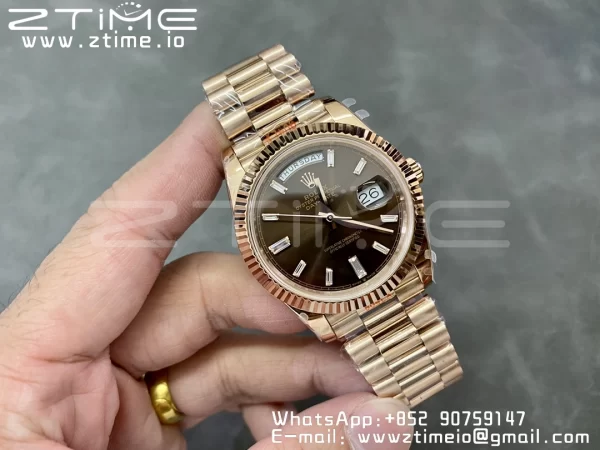 Rolex DayDate 228235 40mm RG GMF 1:1 Best Edition Brown Dial Diamonds Markers Fluted Bezel on RG Bracelet A2836 (Tungsten Heavy Version) - Super Clone Watch | 1:1 Best Version