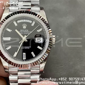 Rolex DayDate 228236 40mm GMF 1:1 Best Edition Black Dial Diamonds Markers Fluted Bezel on SS Bracelet A2836 (Tungsten Heavy Version) - Super Clone Watch | 1:1 Best Version