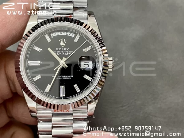 Rolex DayDate 228236 40mm GMF 1:1 Best Edition Black Dial Diamonds Markers Fluted Bezel on SS Bracelet A2836 (Tungsten Heavy Version) - Super Clone Watch | 1:1 Best Version