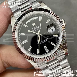 Rolex DayDate 228236 40mm GMF 1:1 Best Edition Black Dial Diamonds Markers Fluted Bezel on SS Bracelet A2836 (Tungsten Heavy Version) - Super Clone Watch | 1:1 Best Version