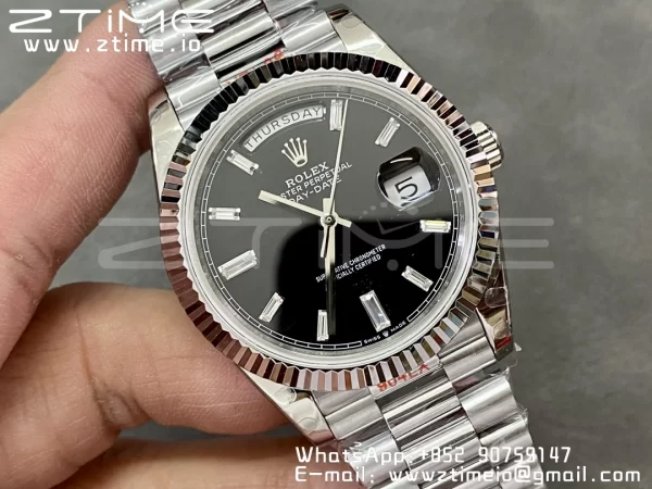 Rolex DayDate 228236 40mm GMF 1:1 Best Edition Black Dial Diamonds Markers Fluted Bezel on SS Bracelet A2836 (Tungsten Heavy Version) - Super Clone Watch | 1:1 Best Version