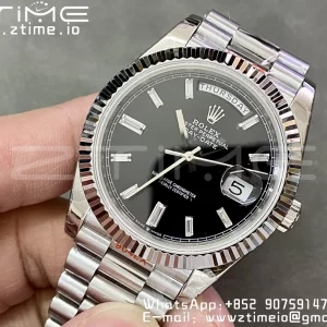 Rolex DayDate 228236 40mm GMF 1:1 Best Edition Black Dial Diamonds Markers Fluted Bezel on SS Bracelet A2836 (Tungsten Heavy Version) - Super Clone Watch | 1:1 Best Version