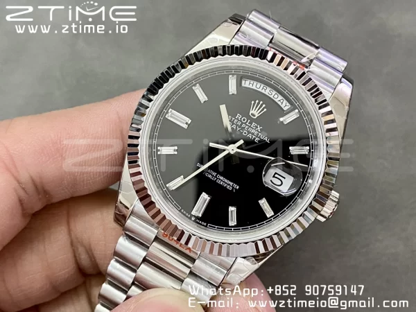 Rolex DayDate 228236 40mm GMF 1:1 Best Edition Black Dial Diamonds Markers Fluted Bezel on SS Bracelet A2836 (Tungsten Heavy Version) - Super Clone Watch | 1:1 Best Version