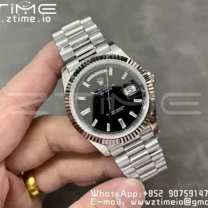 Rolex DayDate 228236 40mm GMF 1:1 Best Edition Black Dial Diamonds Markers Fluted Bezel on SS Bracelet A2836 (Tungsten Heavy Version) - Super Clone Watch | 1:1 Best Version