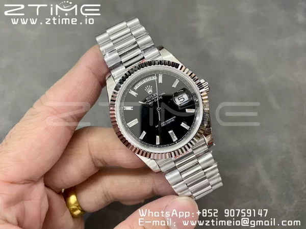 Rolex DayDate 228236 40mm GMF 1:1 Best Edition Black Dial Diamonds Markers Fluted Bezel on SS Bracelet A2836 (Tungsten Heavy Version) - Super Clone Watch | 1:1 Best Version