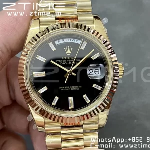 Rolex DayDate 228238 40mm YG GMF 1:1 Best Edition Black Dial Diamonds Markers Fluted Bezel on YG Bracelet A2836 (Tungsten Heavy Version) - Super Clone Watch | 1:1 Best Version