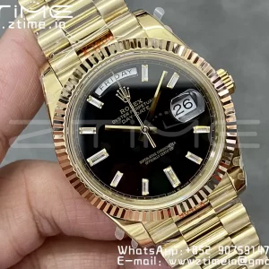 Rolex DayDate 228238 40mm YG GMF 1:1 Best Edition Black Dial Diamonds Markers Fluted Bezel on YG Bracelet A2836 (Tungsten Heavy Version) - Super Clone Watch | 1:1 Best Version