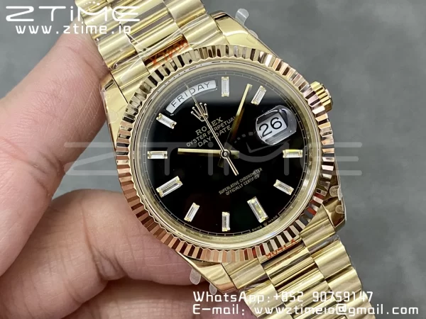 Rolex DayDate 228238 40mm YG GMF 1:1 Best Edition Black Dial Diamonds Markers Fluted Bezel on YG Bracelet A2836 (Tungsten Heavy Version) - Super Clone Watch | 1:1 Best Version