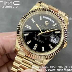 Rolex DayDate 228238 40mm YG GMF 1:1 Best Edition Black Dial Diamonds Markers Fluted Bezel on YG Bracelet A2836 (Tungsten Heavy Version) - Super Clone Watch | 1:1 Best Version