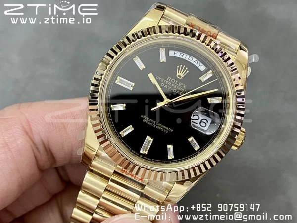 Rolex DayDate 228238 40mm YG GMF 1:1 Best Edition Black Dial Diamonds Markers Fluted Bezel on YG Bracelet A2836 (Tungsten Heavy Version) - Super Clone Watch | 1:1 Best Version