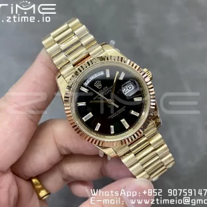 Rolex DayDate 228238 40mm YG GMF 1:1 Best Edition Black Dial Diamonds Markers Fluted Bezel on YG Bracelet A2836 (Tungsten Heavy Version) - Super Clone Watch | 1:1 Best Version