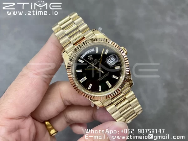 Rolex DayDate 228238 40mm YG GMF 1:1 Best Edition Black Dial Diamonds Markers Fluted Bezel on YG Bracelet A2836 (Tungsten Heavy Version) - Super Clone Watch | 1:1 Best Version