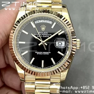 Rolex DayDate 228238 40mm YG GMF 1:1 Best Edition Black Dial Fluted Bezel on YG Bracelet A2836 (Tungsten Heavy Version) - Super Clone Watch | 1:1 Best Version