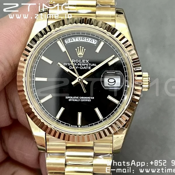 Rolex DayDate 228238 40mm YG GMF 1:1 Best Edition Black Dial Fluted Bezel on YG Bracelet A2836 (Tungsten Heavy Version) - Super Clone Watch | 1:1 Best Version