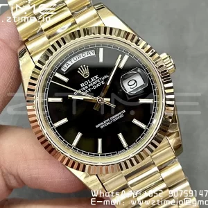 Rolex DayDate 228238 40mm YG GMF 1:1 Best Edition Black Dial Fluted Bezel on YG Bracelet A2836 (Tungsten Heavy Version) - Super Clone Watch | 1:1 Best Version
