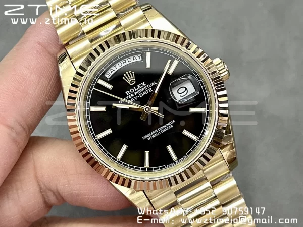 Rolex DayDate 228238 40mm YG GMF 1:1 Best Edition Black Dial Fluted Bezel on YG Bracelet A2836 (Tungsten Heavy Version) - Super Clone Watch | 1:1 Best Version