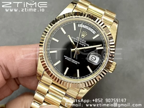 Rolex DayDate 228238 40mm YG GMF 1:1 Best Edition Black Dial Fluted Bezel on YG Bracelet A2836 (Tungsten Heavy Version) - Super Clone Watch | 1:1 Best Version