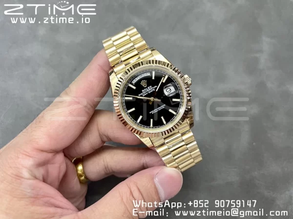 Rolex DayDate 228238 40mm YG GMF 1:1 Best Edition Black Dial Fluted Bezel on YG Bracelet A2836 (Tungsten Heavy Version) - Super Clone Watch | 1:1 Best Version