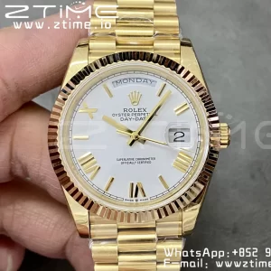 Rolex DayDate 228238 40mm YG GMF 1:1 Best Edition White Dial Roman Markers Fluted Bezel on YG Bracelet A2836 (Tungsten Heavy Version) - Super Clone Watch | 1:1 Best Version