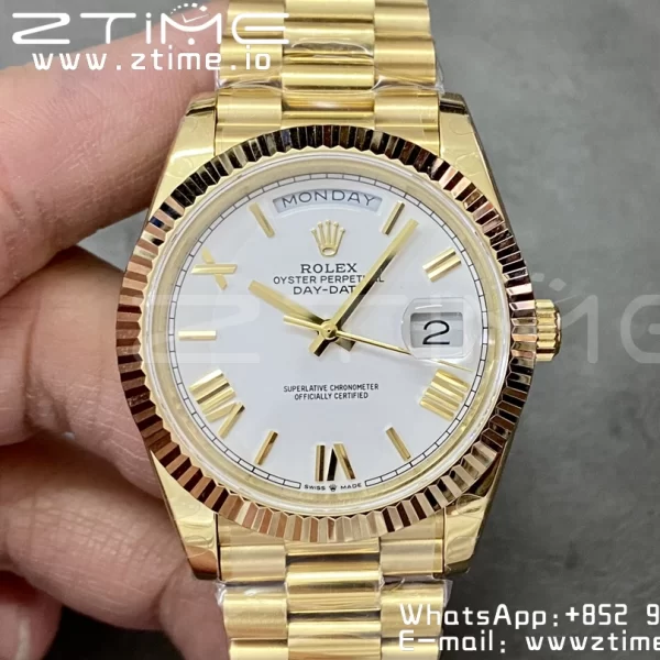 Rolex DayDate 228238 40mm YG GMF 1:1 Best Edition White Dial Roman Markers Fluted Bezel on YG Bracelet A2836 (Tungsten Heavy Version) - Super Clone Watch | 1:1 Best Version
