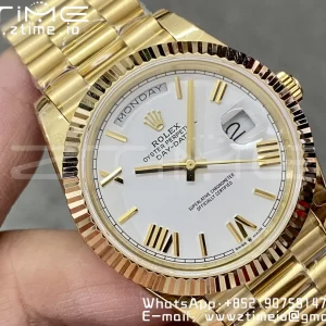Rolex DayDate 228238 40mm YG GMF 1:1 Best Edition White Dial Roman Markers Fluted Bezel on YG Bracelet A2836 (Tungsten Heavy Version) - Super Clone Watch | 1:1 Best Version
