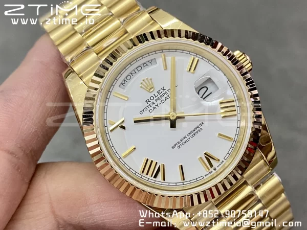 Rolex DayDate 228238 40mm YG GMF 1:1 Best Edition White Dial Roman Markers Fluted Bezel on YG Bracelet A2836 (Tungsten Heavy Version) - Super Clone Watch | 1:1 Best Version