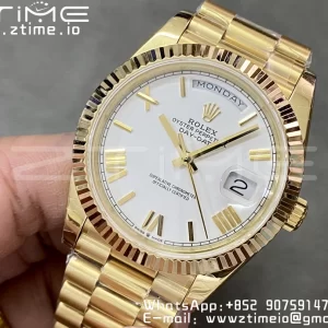 Rolex DayDate 228238 40mm YG GMF 1:1 Best Edition White Dial Roman Markers Fluted Bezel on YG Bracelet A2836 (Tungsten Heavy Version) - Super Clone Watch | 1:1 Best Version