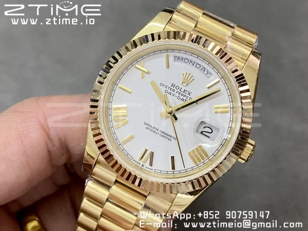 Rolex DayDate 228238 40mm YG GMF 1:1 Best Edition White Dial Roman Markers Fluted Bezel on YG Bracelet A2836 (Tungsten Heavy Version) - Super Clone Watch | 1:1 Best Version