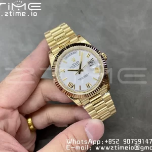 Rolex DayDate 228238 40mm YG GMF 1:1 Best Edition White Dial Roman Markers Fluted Bezel on YG Bracelet A2836 (Tungsten Heavy Version) - Super Clone Watch | 1:1 Best Version