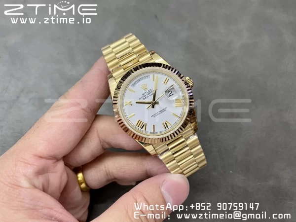 Rolex DayDate 228238 40mm YG GMF 1:1 Best Edition White Dial Roman Markers Fluted Bezel on YG Bracelet A2836 (Tungsten Heavy Version) - Super Clone Watch | 1:1 Best Version