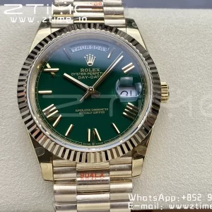 Rolex DayDate 228238 40mm YG GMF 1:1 Best Edition Green Dial Roman Markers Fluted Bezel on YG Bracelet A2836 (Tungsten Heavy Version) - Super Clone Watch | 1:1 Best Version