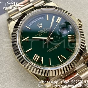 Rolex DayDate 228238 40mm YG GMF 1:1 Best Edition Green Dial Roman Markers Fluted Bezel on YG Bracelet A2836 (Tungsten Heavy Version) - Super Clone Watch | 1:1 Best Version