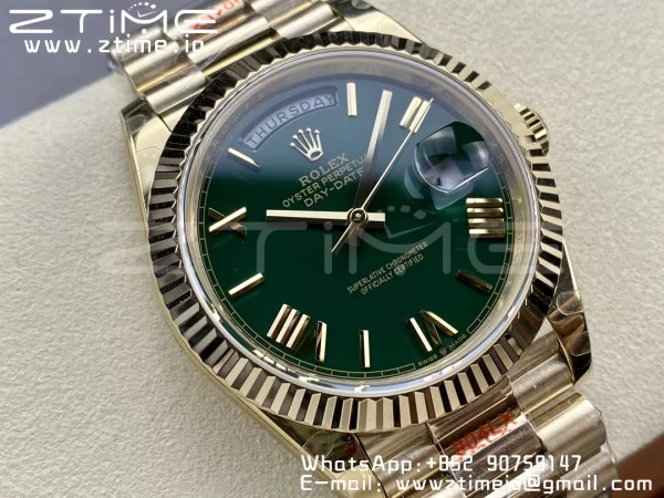 Rolex DayDate 228238 40mm YG GMF 1:1 Best Edition Green Dial Roman Markers Fluted Bezel on YG Bracelet A2836 (Tungsten Heavy Version) - Super Clone Watch | 1:1 Best Version