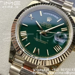 Rolex DayDate 228238 40mm YG GMF 1:1 Best Edition Green Dial Roman Markers Fluted Bezel on YG Bracelet A2836 (Tungsten Heavy Version) - Super Clone Watch | 1:1 Best Version