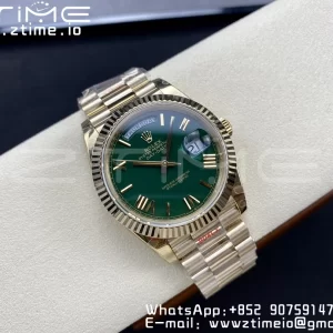 Rolex DayDate 228238 40mm YG GMF 1:1 Best Edition Green Dial Roman Markers Fluted Bezel on YG Bracelet A2836 (Tungsten Heavy Version) - Super Clone Watch | 1:1 Best Version