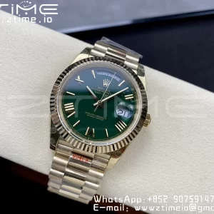 Rolex DayDate 228238 40mm YG GMF 1:1 Best Edition Green Dial Roman Markers Fluted Bezel on YG Bracelet A2836 (Tungsten Heavy Version) - Super Clone Watch | 1:1 Best Version