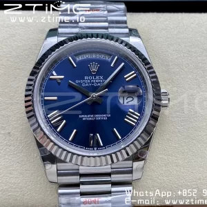 Rolex DayDate 228236 40mm GMF 1:1 Best Edition Blue Dial Roman Markers Fluted Bezel on SS Bracelet A2836 (Tungsten Heavy Version) - Super Clone Watch | 1:1 Best Version
