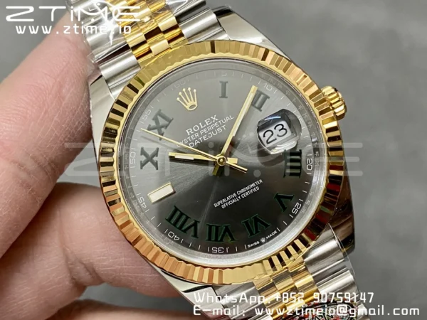 Rolex DateJust 41 126333 Clean 1:1 Best Edition 904L Steel Gray Dial Green Roman Marker on SS/YG Jubilee Bracelet VR3235 - Super Clone Watch | 1:1 Best Version