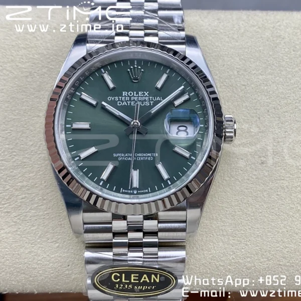 Rolex DateJust 36 126234 904L SS Clean Factory 1:1 Best Edition Fluted Bezel Green Dial on Jubilee Bracelet VR3235 - Super Clone Watch | 1:1 Best Version