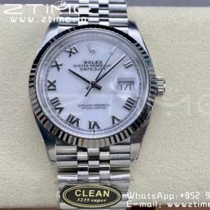Rolex DateJust 36 126234 904L SS Clean Factory 1:1 Best Edition Fluted Bezel White Roman Dial on Jubilee Bracelet VR3235 - Super Clone Watch | 1:1 Best Version