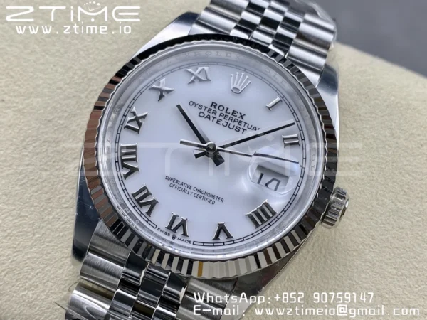 Rolex DateJust 36 126234 904L SS Clean Factory 1:1 Best Edition Fluted Bezel White Roman Dial on Jubilee Bracelet VR3235 - Super Clone Watch | 1:1 Best Version